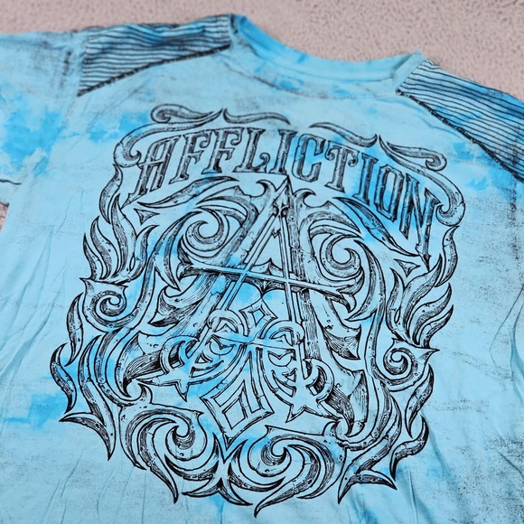 Affliction Shirt Mens 2XL Blue Black Tattoo Graphic Cross Stitching USA MMA Tee - Picture 1 of 11